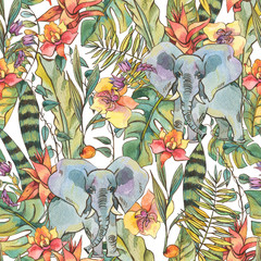 Watercolor jungle seamless pattern, Flowers of orchids, liana and elephant