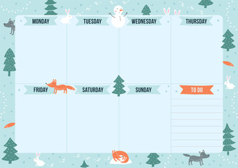 Winter weekly planner with cartoon animals and elements. Template with place for notes. Vector illustration for print, office, school.