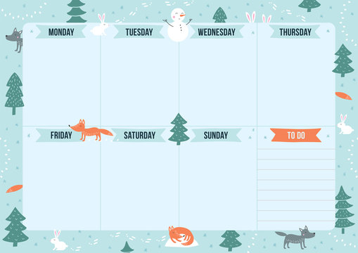 Winter weekly planner with cartoon animals and elements. Template with place for notes. Vector illustration for print, office, school.