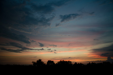 Beautiful pink-orange sunset of the summer sun. Unusual sunset.