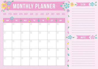 Cute monthly planner with drawn flower. Modern template with place for notes. Vector illustration for print, office, school. - obrazy, fototapety, plakaty