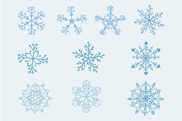 Snowflake vector icon background set blue color. Winter white christmas snow flake element. Weather illustration ice collection. Xmas frost flat isolated silhouette symbol
