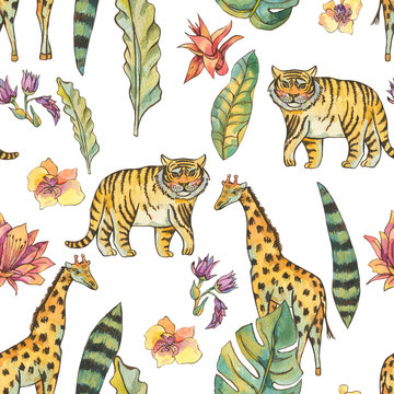 Watercolor Seamless Pattern with flowers of orchids, monstera, palm, liana, tiger, giraffe