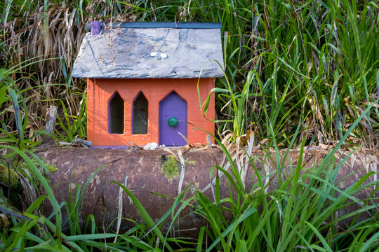 Brown Fairy house along the path of the Kerry way on the coast of Ireland.   House is brown with purple door, in a green lush forest.  