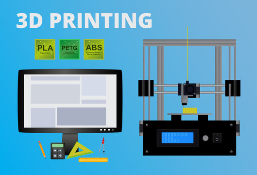 Vector concept of 3D printing. Icon of fused deposition modeling printer, lcd monitor with program, polymers used as filaments – pla, abs, petg and tools for printer. Design on a blue background.
