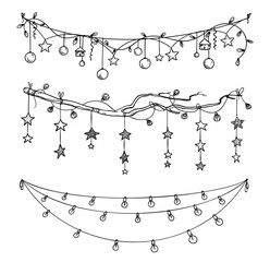 Set of christmas and New Year decorations. Garlands and lights vector sketch.
