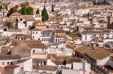 Fototapeta na wymiar Aerial view on cityscape of Cordoba with white houses and tile roofs