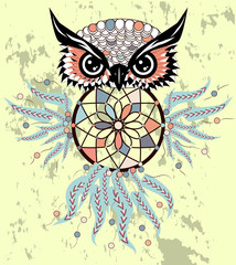 Dreamcatcher with owl. Zentangle. Abstract bird. Mystic symbol. American Indians symbol. for spiritual relaxation for adults. Decorative
