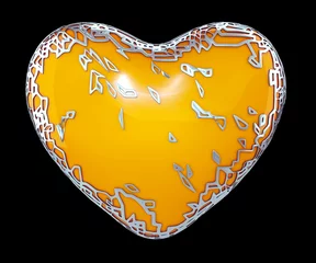 Tuinposter Heart made in golden shining metallic 3D with yellow paint isolated on black background. © lotus_studio