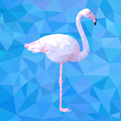 Realistic polygonal pink flamingo on a background of blue triangles. 10 eps