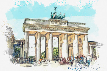 A watercolor sketch or illustration of the Brandenburg gate in Berlin, Germany. Architectural monument in historic center of Berlin. © franz12