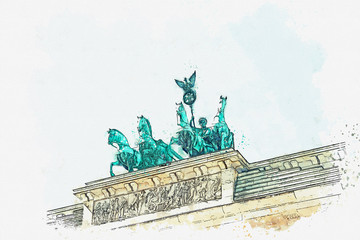 A watercolor sketch or illustration of the Brandenburg gate in Berlin, Germany. Architectural monument in historic center of Berlin.