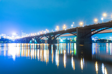  communal bridge in Novosibirsk, across the Ob river, night view