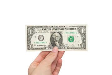 one dollar in hand on white background