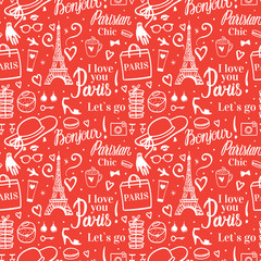 Seamless pattern Holiday shopping travel in Paris. Fashion style illustration with Eiffel Tower. Red background. - 236497021