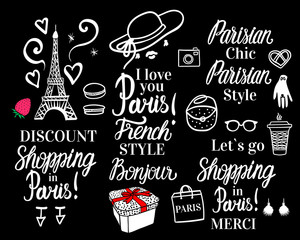 Vector Shopping in Paris night. Set white fashion illustration collection and lettering inscription on black background