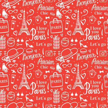 Seamless pattern Holiday shopping travel in Paris. Fashion style illustration with Eiffel Tower. Red background.