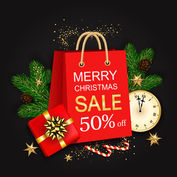 Merry Christmas sale banner with gift boxes golden stars and christmas tree branches on black background. Vector illustration template greeting cards