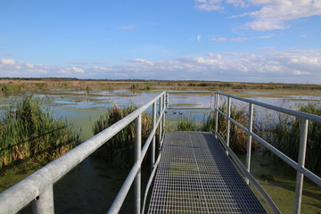 Perspective photography metal bridge, dock or pier walkway leading out over blue water lake, pond or river with blue sky horizon.