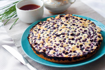 Homemade blueberry pie on blue plate