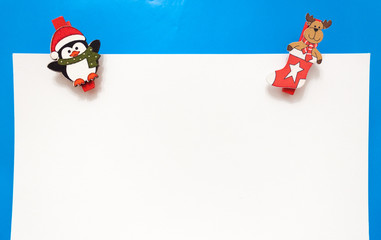 Set design template New Year's discount banner. Xmas advertising for sale. elk and penguin on blue and white background