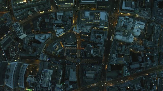 Aerial overhead view at night of the Walkie Talkie Building in London UK
