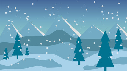 Snow winter sky background with hills, mountains, trees and snowfall. Vector illustration.