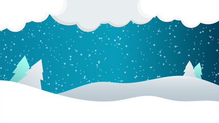 Fototapeta na wymiar Snow winter sky background with hills, mountains, trees and snowfall. Vector illustration.