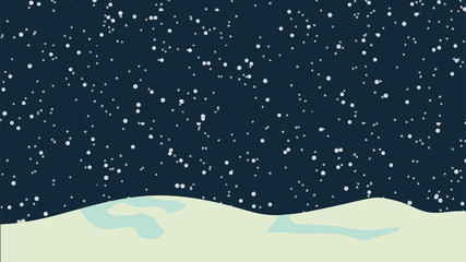 Snow winter sky background with hills and snowfall. Vector illustration.