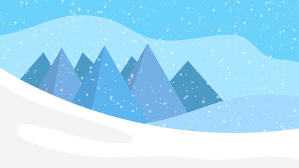 Snow winter sky background with hills and snowfall. Vector illustration.