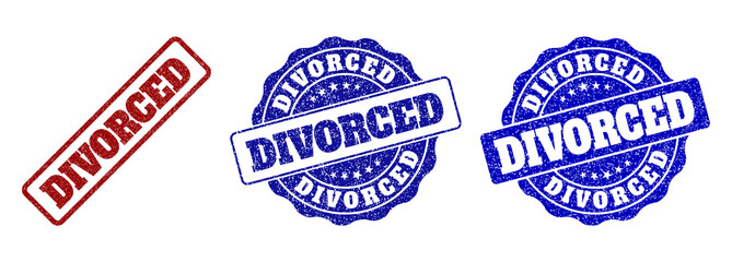 DIVORCED grunge stamp seals in red and blue colors. Vector DIVORCED imprints with grunge style. Graphic elements are rounded rectangles, rosettes, circles and text labels.