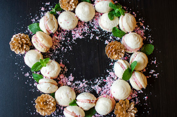 Christmas Wreath with French Macarons and Crushed Candy 