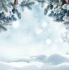 Christmas winter background with snow and blurred bokeh.Merry christmas and happy new year greeting...