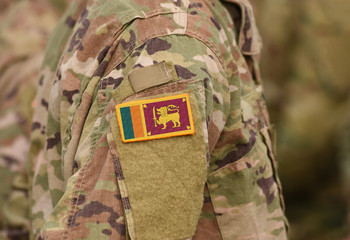 Flag of Sri Lanka on soldiers arm (collage).