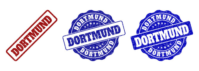 DORTMUND grunge stamp seals in red and blue colors. Vector DORTMUND watermarks with grainy texture. Graphic elements are rounded rectangles, rosettes, circles and text tags.