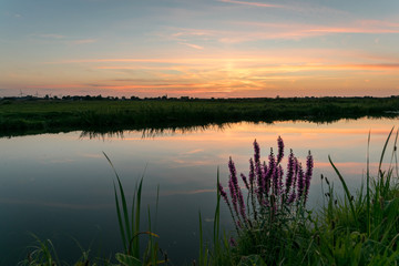 The sun has set over the dutch polder landscape, close to Gouda, Holland
