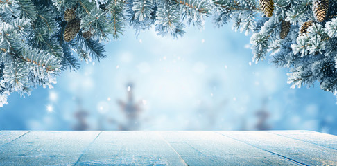 Merry christmas and happy new year greeting background with copy-space.Winter landscape with snow...