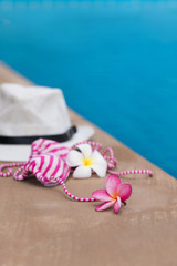 Orchid flower and colorful swimwear near swimming pool
