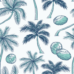 Fototapeta na wymiar Vector seamless pattern of palm. Different kinds of tropical palmtrees and coconut. Contour sketch background monochrome turquoise isolated on white background.