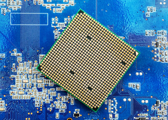 Computer processor on computer board. Close up.