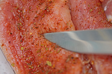 Meat for cooking and frying steaks with spices