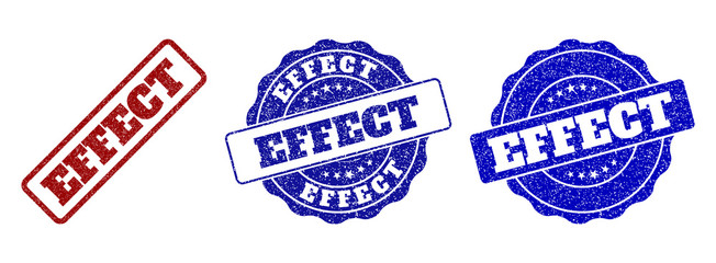 EFFECT grunge stamp seals in red and blue colors. Vector EFFECT imprints with distress effect. Graphic elements are rounded rectangles, rosettes, circles and text tags.