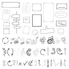 Infographic tables on isolated background. Collection of desks on white. Arrows and signs for design. Hand drawn simple symbols