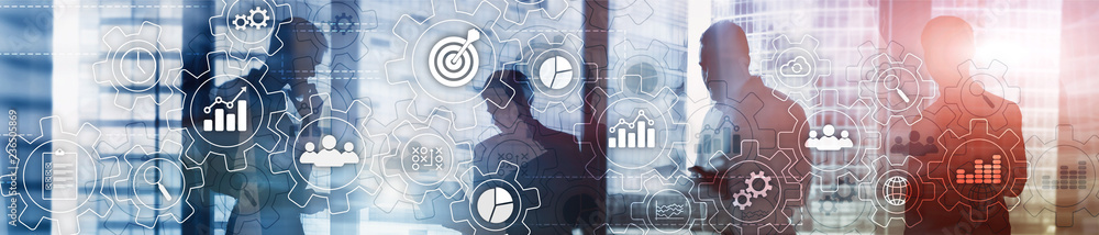 Poster business process abstract diagram with gears and icons. workflow and automation technology concept. 