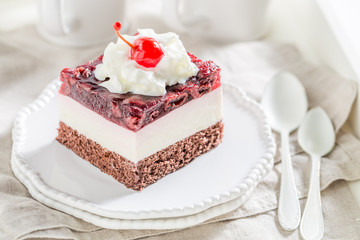 Delicious jelly cherries cake on white plate