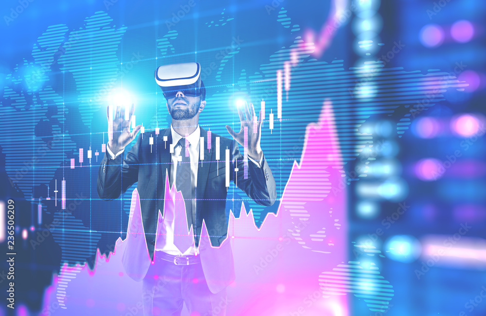 Poster man in vr glasses working with red graph
