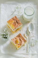 Top view of sweet apple pie with cinnamon and fruits
