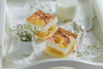 Apple pie with cinnamon and fresh fruits on white tray