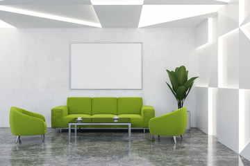 Office waiting room with green sofa, poster