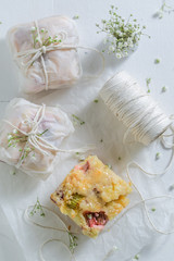 Top view of yogurt pie with crumble and fresh fruits